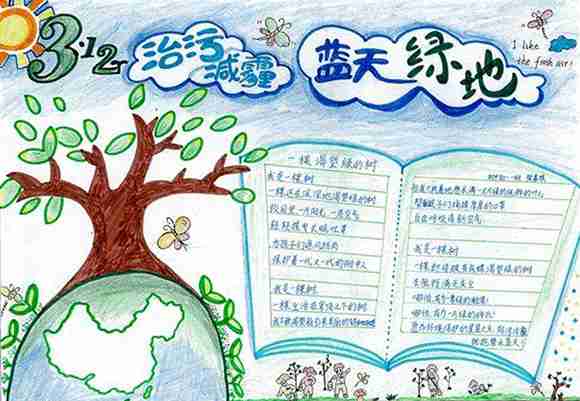蓝天绿地治污减霾_植树节手抄报图片大全